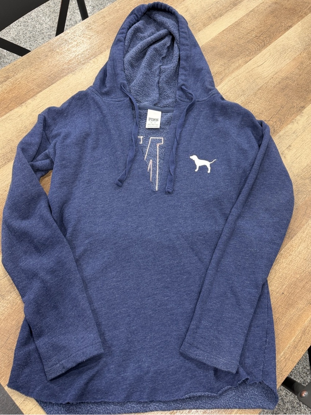 PINK Victoria's Secret Navy Blue V-Neck Hoodie with Dog Logo